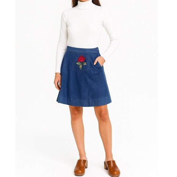 Vintage Rose Flower Denim Jean Wrap Skirt Blue Women XS Embroidered Circle Skirt - Picture 1 of 7